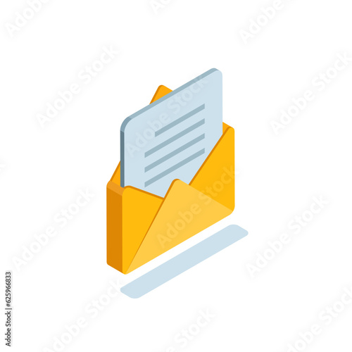isometric open envelope icon in color on white background, read letter or text document