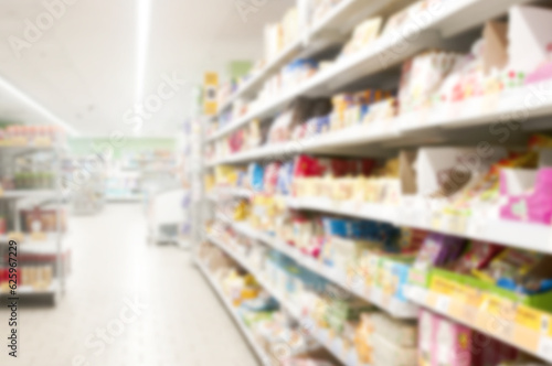 Interior of supermarket aisle and shelves blurred background