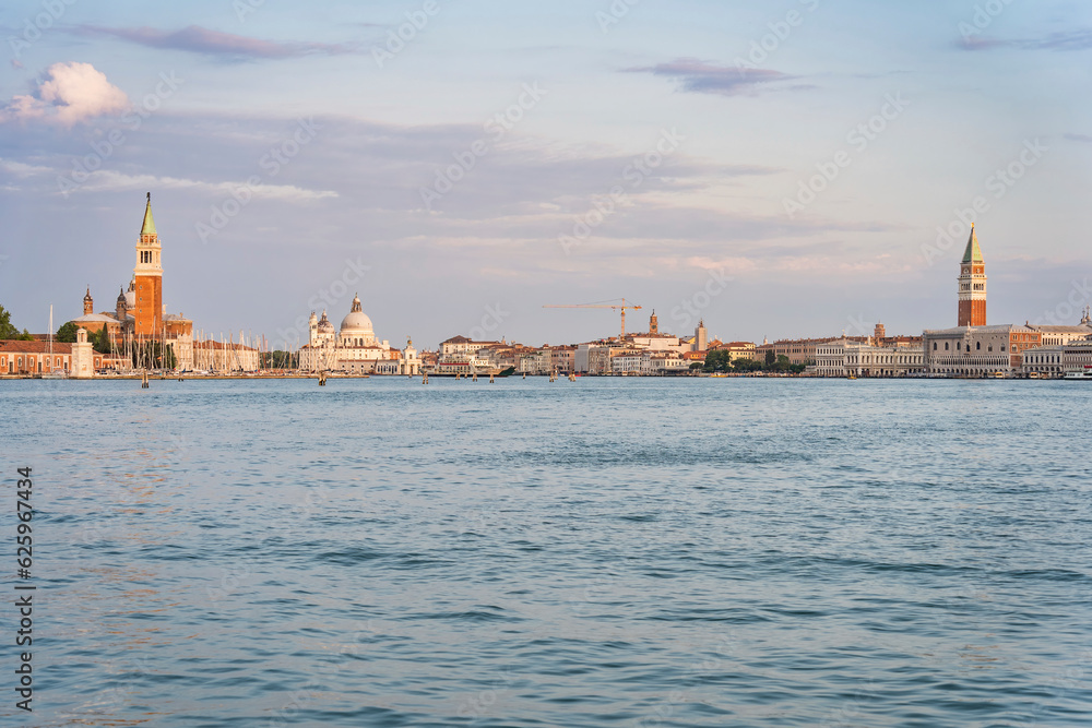 Beautiful scenic landscape from the Grand Canal with Church of San Giorgio Maggiore and St Marks Campanile in Venice, Italy.