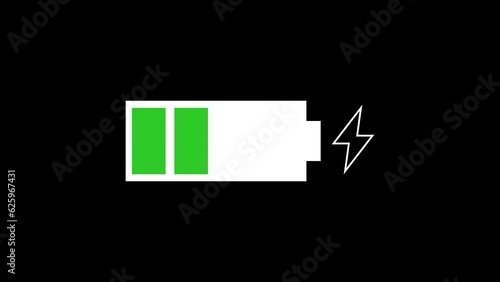 Battery charging animation on black screen. White battery with green steps. Flat design. Low battery. UI