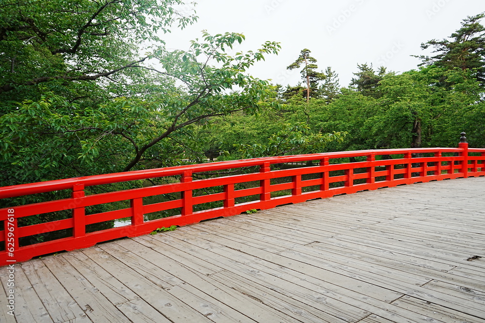 Red Bridge at Hirosaki Castle in Aomori, Japan - 日本 青森 弘前城 杉の大橋