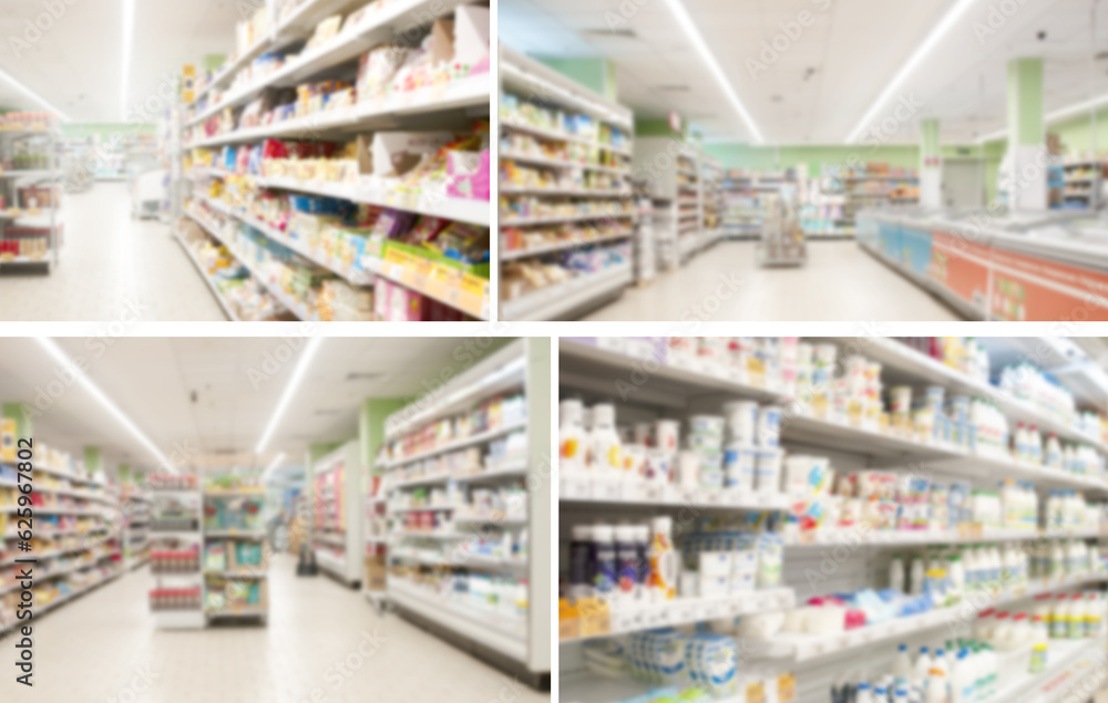 Few images with interior of supermarket aisle and shelves blurred background