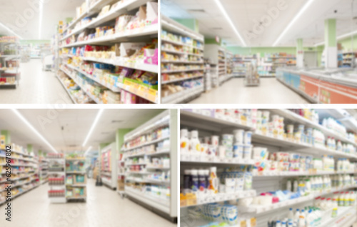 Few images with interior of supermarket aisle and shelves blurred background © unclepodger