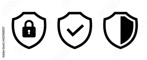 Security shield icons set. Shield with check mark, padlock, lock symbol. Protect shield icon. Editable stroke. Vector illustration	