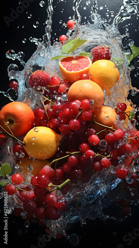 The scene comes alive with fruits caught mid-splash, surrounded by exuberant water droplets