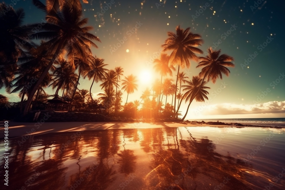 landscape sea island sun sunset ocean sunrise sky palm beach. Generative AI.