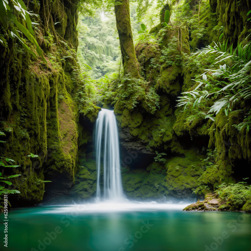 Enchanting image captures a tranquil rainforest, where gentle waterfall flows amidst lush greenery. Ideal for meditation platforms, soothing minds with the serenity of nature. Wellness and Meditation