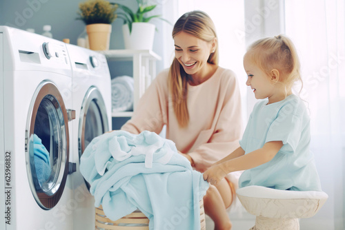 Fotografie, Obraz Domestic helpers: mother and cute daughter doing laundry