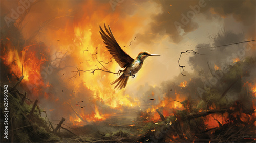 Birds trying to escape from the fire. Generative AI.