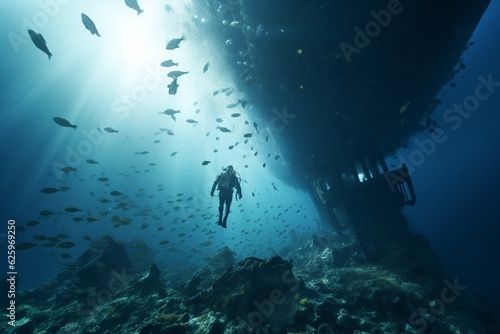 Photograph of people diving underwater historic wrecks  Generative AI