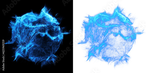Vibrant blue energy orb with dynamic particle splash effect. isolated on back and transparent PNG for overlay. particle effect overlay, isolated energy orb overlay, turbulent energy sphere.