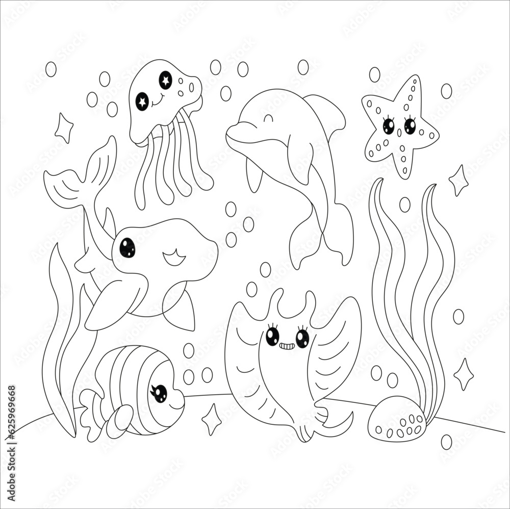 Stylized composition of tropical fish, calamari, seahorse, underwater seaweed, corals and starfish. anti stress coloring book page. Starfish black and white. Coloring page for kids. Coloring pages.
