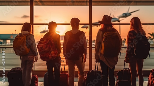 At the international airport, young digital nomads set off on their globetrotting escapades, ready to explore the world.