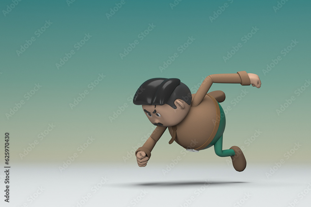 The man  with mustache wearing a brown long shirt green pants. He is falling down. 3d rendering of cartoon character in acting.