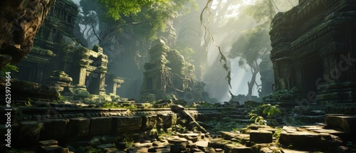 3D illustration Ancient ruins standing amidst a dense jungle under a bright sunbeam piercing through the foliage ai generate