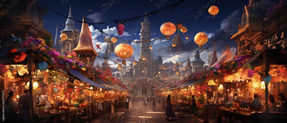 3D illustration A bustling oriental market under colourful hanging lanterns, showcasing vibrant stalls and busy vendors ai generate