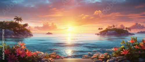 3D illustration Serene coastal view at sunset, with the sun sinking into the vibrant and sparkling sea ai generate