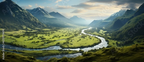3D illustration Spectacular aerial view of a winding river through a lush green valley, mountains in the backdrop ai generate
