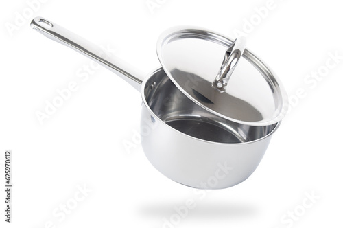 Stainless saucepan with metal lid  isolated on white background