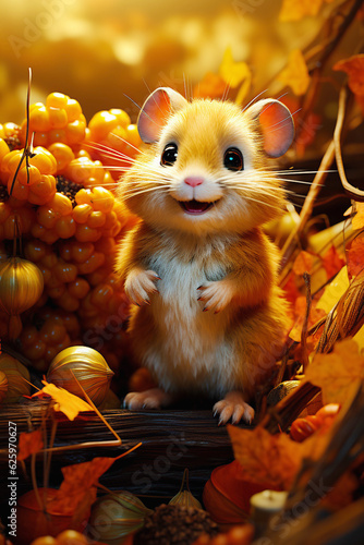 Cute cartoon hamster on the background of autumn orange forest and autumn berries.