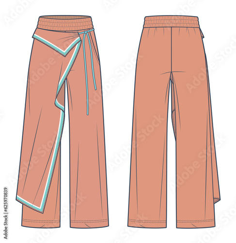 Wide Leg Pants technical fashion Illustration. Wrap Pants, Asymmetric Skirt over Pants fashion flat technical drawing template, front, back view, peach color, women, men, unisex CAD mockup. 