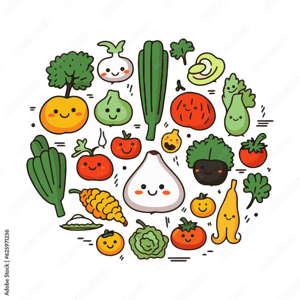 Fototapeta premium Many various fun smiling vegetables arranged in a circle. Different cute, happy vegetarian food ingredients. Healthy plant-based diet concept