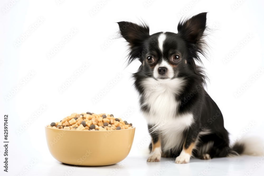 A dog lying next to the bowl with dog dry food on white background, kibble formula, looking to the camera and begging for food. Pet food advertising. Image created using artificial intelligence