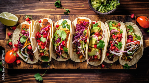 The wooden board showcases a mouthwatering display of vegan tacos, inviting you to savor their wholesome goodness. photo