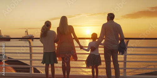 Seafaring Sunset Delight Family Observes the Ocean Sunset on Cruise Ship AI generated
