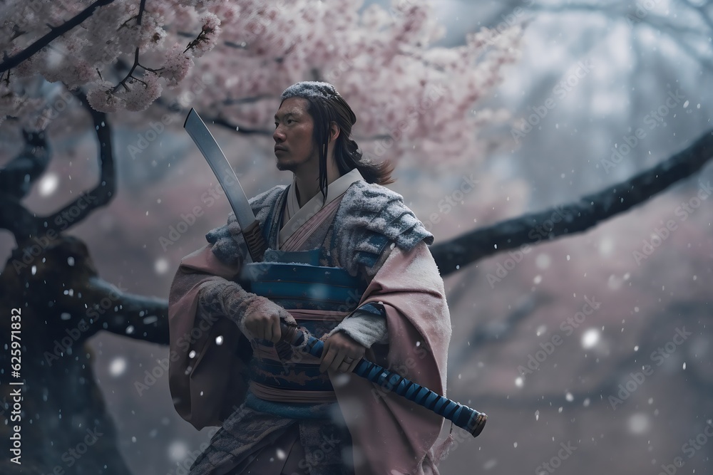 Obraz premium Japanese samurai with katana sword and cherry blossom. Generative AI.