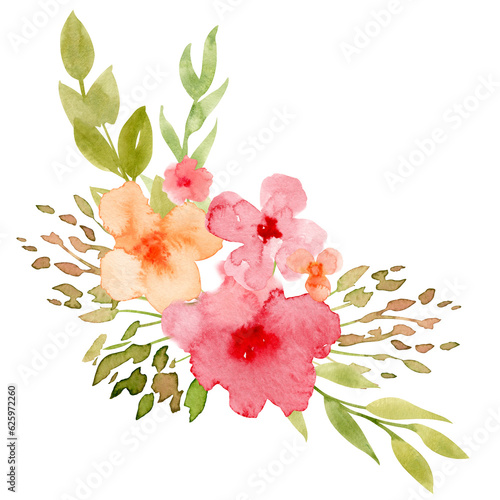 Watercolor abstract Flowers. Hand drawn illustration for greeting cards or wedding invitations on white isolated background. Floral drawing with red buds, pink petals and green leaves for icon.