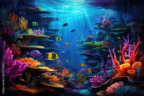 Breathtaking underwater scene with marine life  coral reef and colorful fish. Generative AI