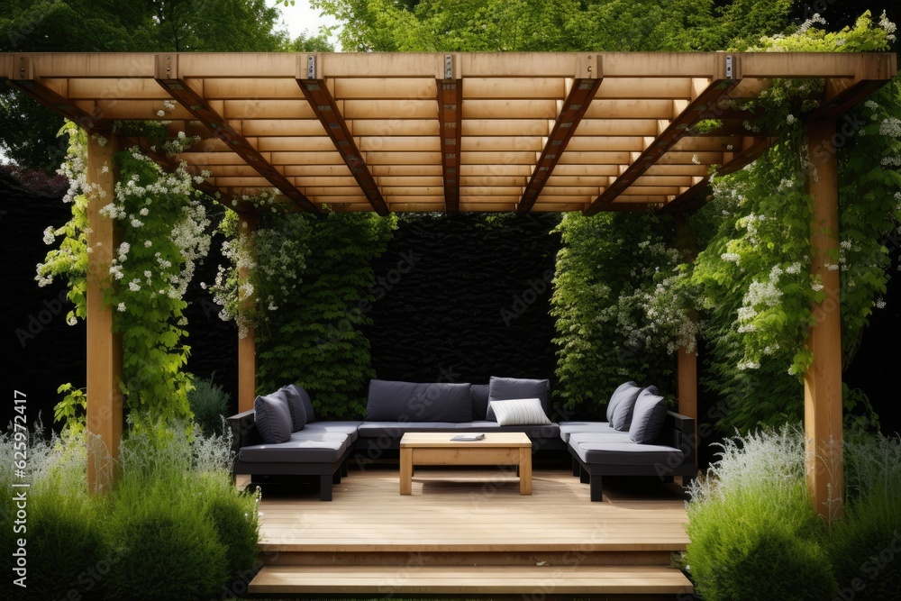 Wooden pergola for garden seating. Generative AI