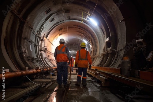 Architect and Engineer wearing safety underground construction supervisor checking the transport pipe tunnel boring machine for the subway. Construction teamwork concept. Generative Ai