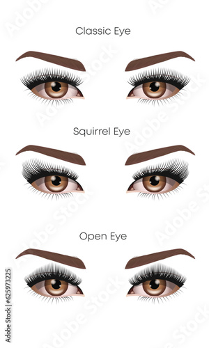 Eyelash extension types, realistic eyes and eyelashes, high detail