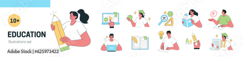 Back to school and education concept illustrations. Mega set. Collections of students characters learn subjects, study with educational books and achieve diploma. Vector illustration.
