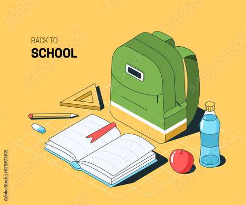 Back to school and education concept, school bag, books and supplies. Vector isometric illustration.
