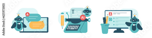 Artificial intelligence illustrations set. Collections of scenes with AI chat bot using for copywriting and text creation. Neural network technology concept. Vector illustration.
