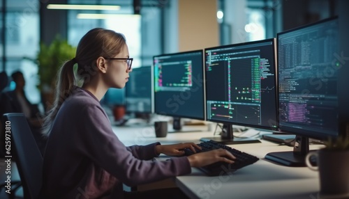 Female Software Engineer Writing Code on Desktop Computer