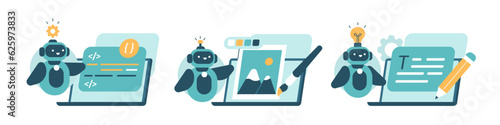 
Artificial intelligence illustrations set. Collections of scenes with AI chat bot using for copywriting, art creation and answering questions. Neural network technology concept. Vector illustration.
