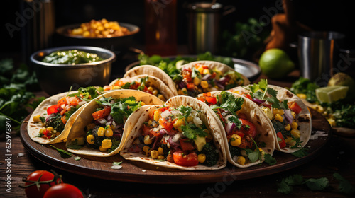 The vegan tacos, filled with a variety of fresh and flavorful vegetables, are beautifully presented on a rustic wooden board. photo
