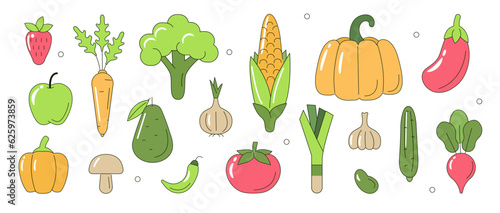 Vegetables illustration. Collections of avocado, broccoli, lettuce and other fresh organic vegetables. Balanced vegetarian and vegan diet concept. Vector illustrations set.