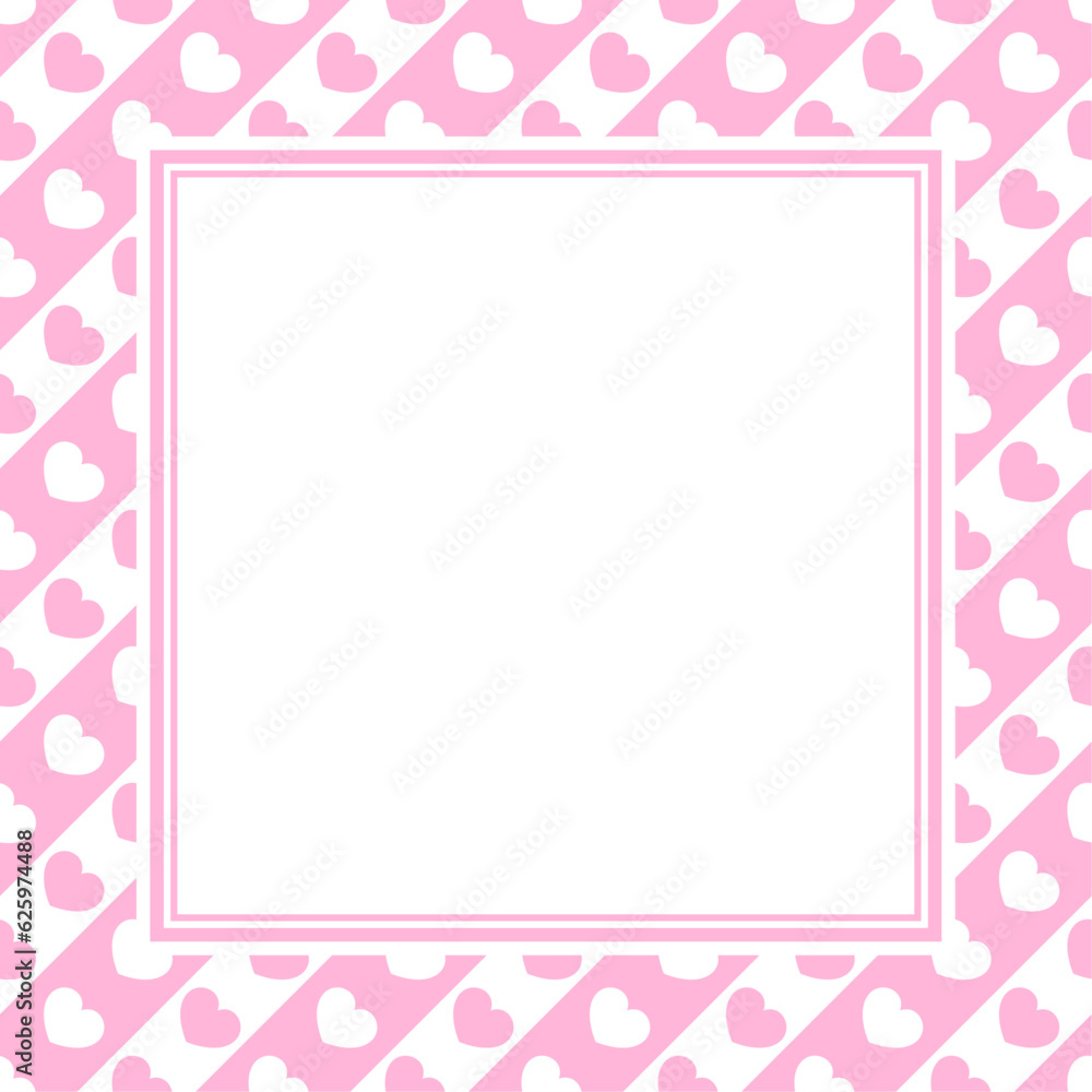 Vector frame with copy space. Pink and white hearts on diagonal striped background. White paper sheet in square frame.