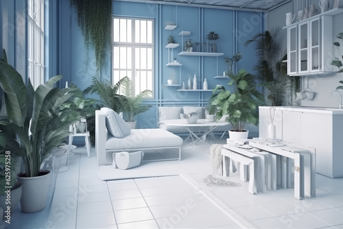 Indoor home garden concept idea. Minimal kitchen interior design in white and blue tones. Parquet, sofa and many house plants. Urban jungle background, generative AI