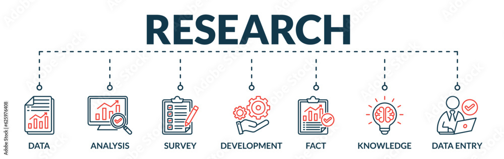 Banner of research web vector illustration concept with icons of data, analysis, survey, development, fact, knowledge, data entry Banner of research web vector illustration concept with icons of data, analysis, survey, development, fact, knowledge, data entry