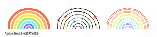 Hand drawn arc rainbow set, collection. Uneven curved lines, stripes, half-circle shape made of artistic linear concentric half-circles and colorful watercolor vector spots, dots, round brush strokes.