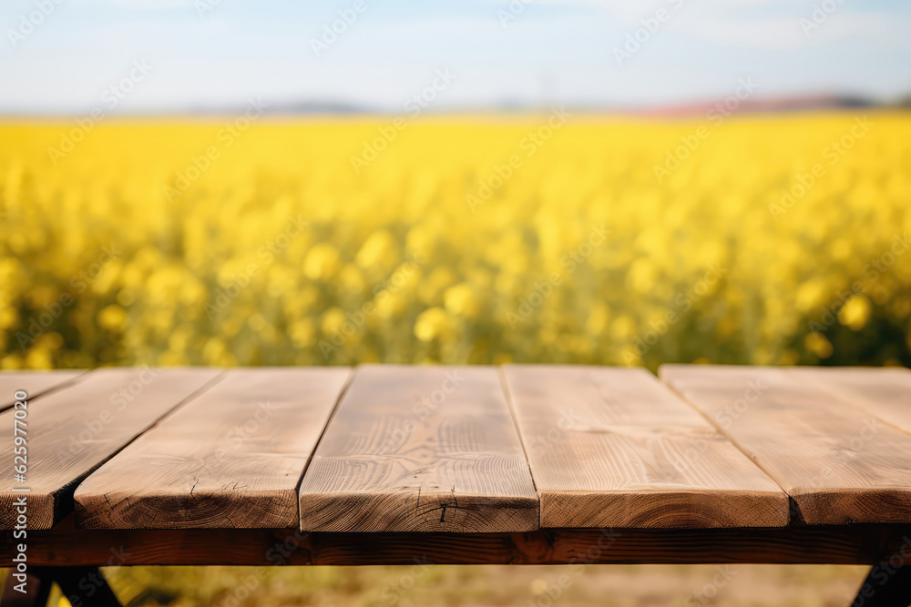 Naklejka premium Rustic Empty Tabletop Against Defocused Field Of Canola. Generative AI
