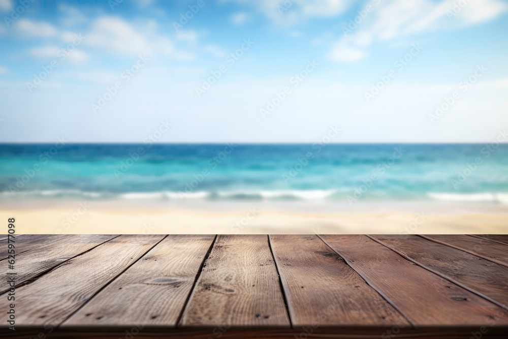 Empty Rustic Wooden Table On The Background Of Defocused Beach. Generative AI