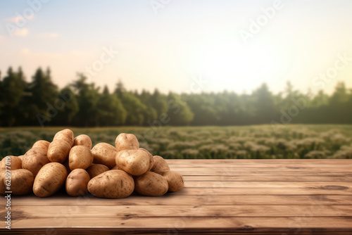 Rustic Empty Tabletop Against Defocused Field Of Potatoes. Generative AI