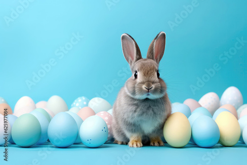 Cute Bunny, Around Painted Easter Eggs On Light Blue Background. Generative AI © Anastasiia